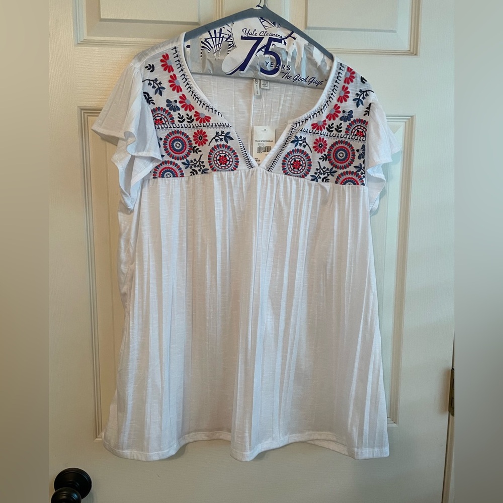 Cato White Red Embellished Blouse with flutter sleeves NWT